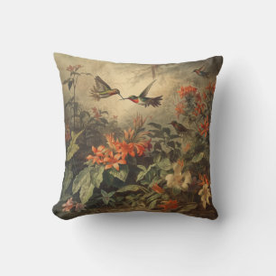 Vintage Hummingbirds and Vibrant Tropical Blooms Cushion