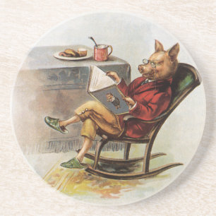 Vintage Humor, Pig in Rocking Chair Reading a Book Coaster