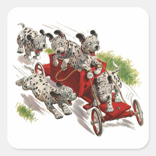 Vintage Humour Cute Dalmatian Puppy Dogs Fire Truc Square Sticker