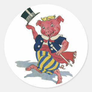 Vintage Humour, Cute Happy Dancing Pig Dances Classic Round Sticker