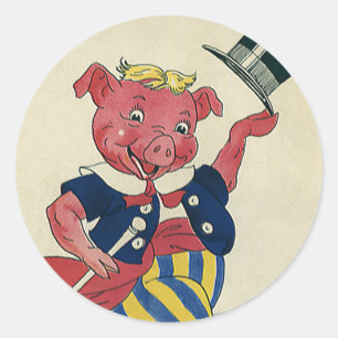 Vintage Humour, Cute Happy Dancing Pig Dances Classic Round Sticker