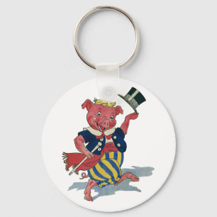 Vintage Humour, Cute Happy Dancing Pig Dances Key Ring