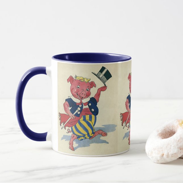 Vintage Humour, Cute Happy Dancing Pig Dances Mug (With Donut)