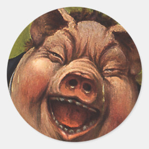 Vintage Humour, Funny Victorian Pig Laughing Classic Round Sticker