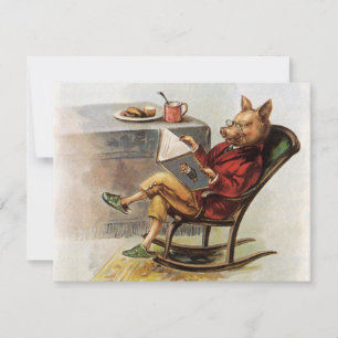 Vintage Humour, Pig in Rocking Chair Reading a Boo