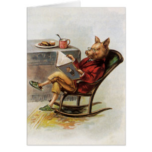 Vintage Humour, Pig in Rocking Chair Reading a Boo