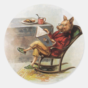 Vintage Humour, Pig in Rocking Chair Reading a Boo Classic Round Sticker