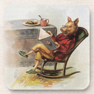 Vintage Humour, Pig in Rocking Chair Reading a Coaster