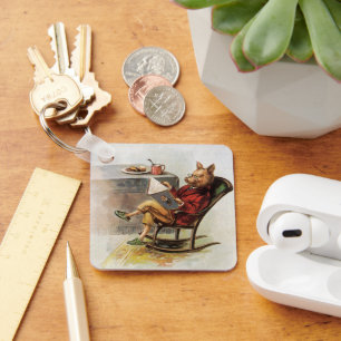 Vintage Humour, Pig in Rocking Chair Reading a Key Ring