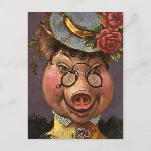 Vintage Humour, Silly and Funny Victorian Lady Pig Postcard