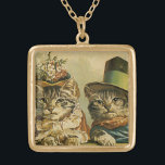 Vintage Humour, Victorian Bride Groom Cats in Hats Gold Plated Necklace<br><div class="desc">Vintage illustration funny humour image featuring Victorian tabby cats wearing hats. A love and romance pet wedding design with a cat bride and groom. The bride is wearing an elegant floral flower hat and the groom cat is wearing a fancy formal top hat.</div>