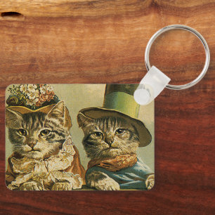 Vintage Humour, Victorian Bride Groom Cats in Hats Key Ring