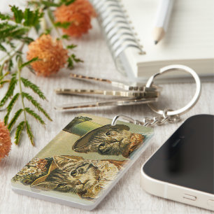 Vintage Humour, Victorian Bride Groom Cats in Hats Key Ring