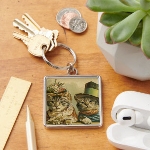Vintage Humour, Victorian Bride Groom Cats in Hats Key Ring
