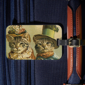 Vintage Humour, Victorian Bride Groom Cats in Hats Luggage Tag