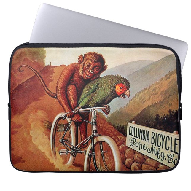 Vintage Humourous Monkey Parrot Bicycle Ride Laptop Sleeve (Front)