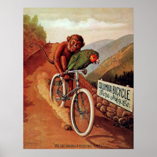 Vintage Humourous Monkey Parrot Bicycle Ride Poster