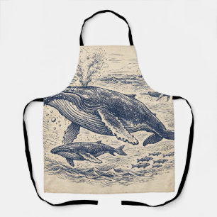 Vintage Humpback Whale Pod Engraving Apron