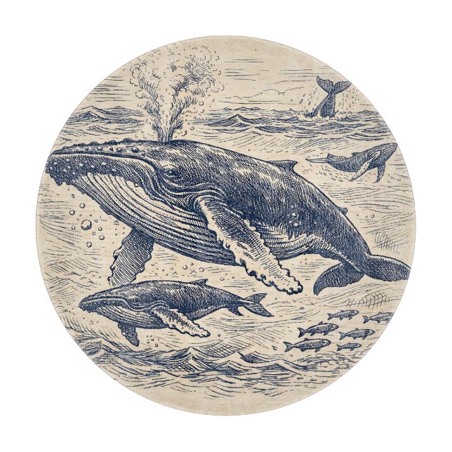 Vintage Humpback Whale Pod Engraving Cutting Board (Front)