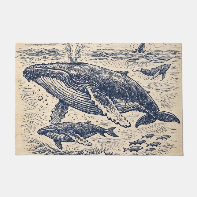 Vintage Humpback Whale Pod Engraving Doormat (Front)