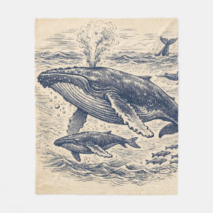 Vintage Humpback Whale Pod Engraving Fleece Blanket
