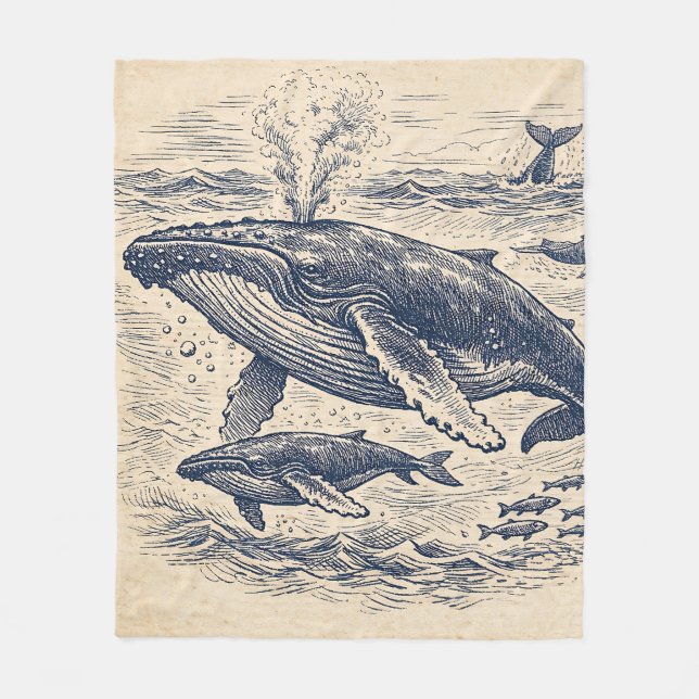 Vintage Humpback Whale Pod Engraving Fleece Blanket (Front)