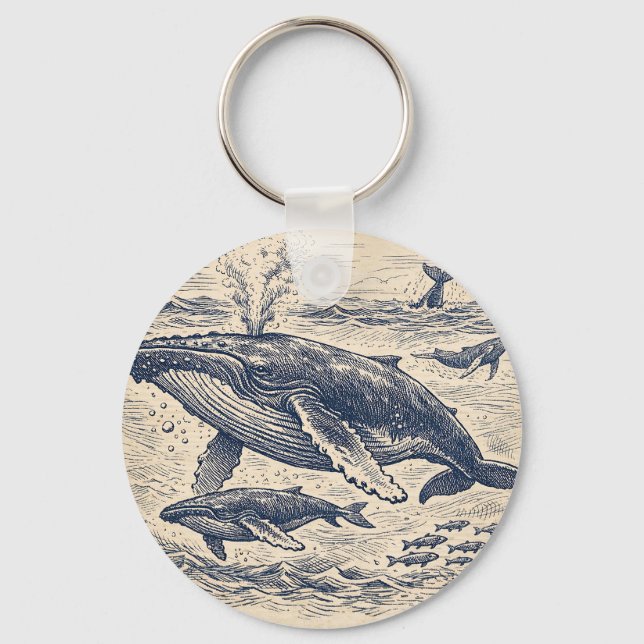 Vintage Humpback Whale Pod Engraving Key Ring (Front)