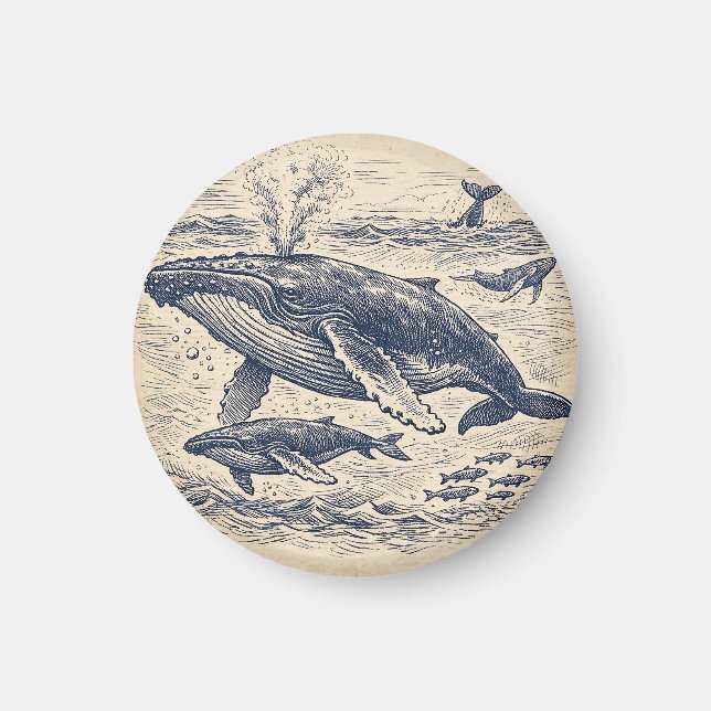 Vintage Humpback Whale Pod Engraving Magnet (Front)