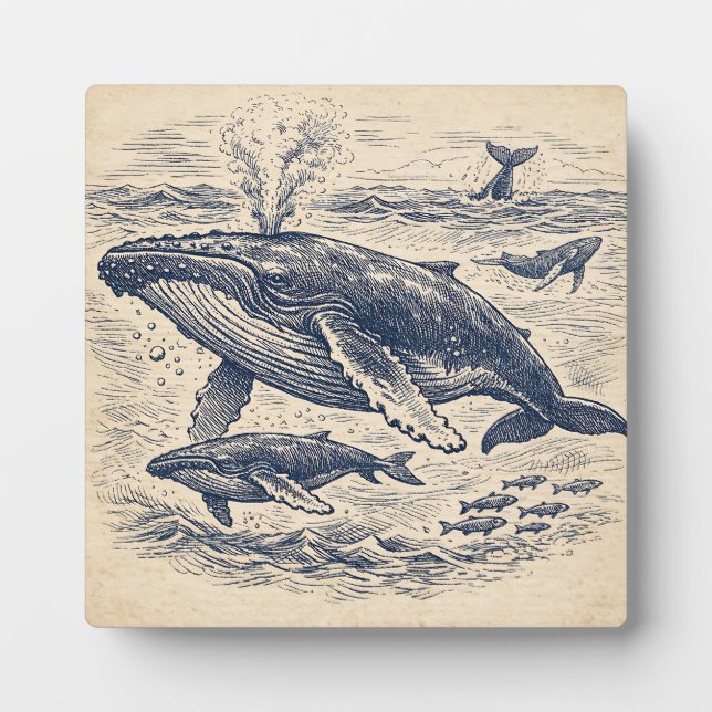 Vintage Humpback Whale Pod Engraving Plaque (Front)