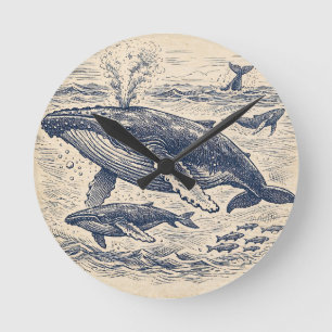Vintage Humpback Whale Pod Engraving Round Clock