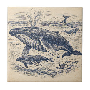 Vintage Humpback Whale Pod Engraving Tile