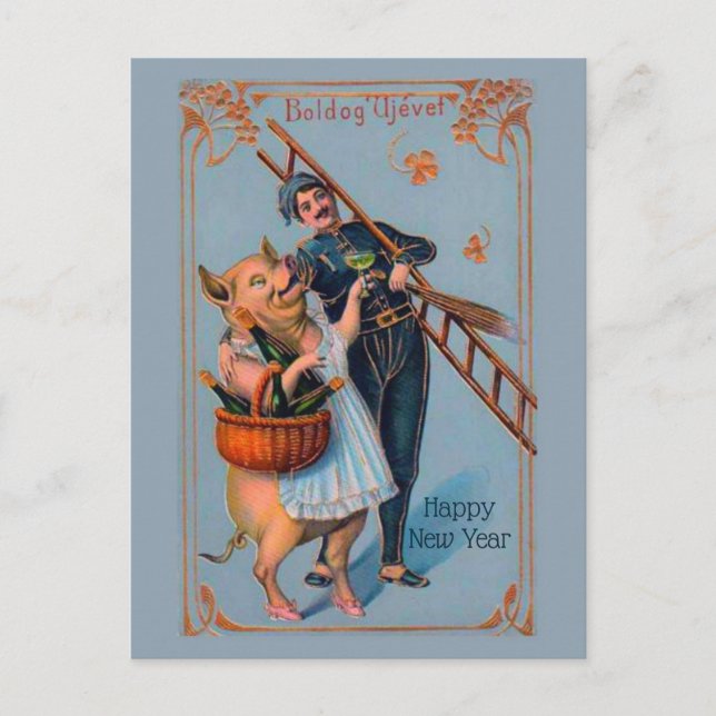 Vintage Hungarian Happy New Year Boldog Újévet Postcard (Front)