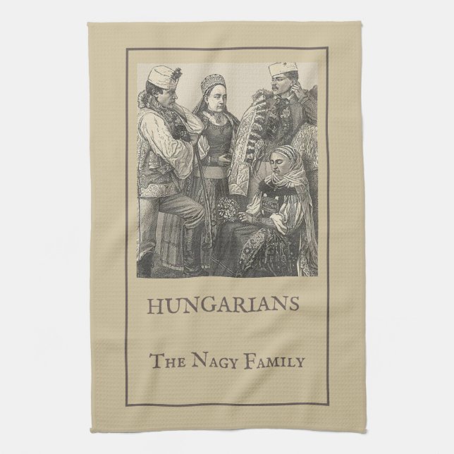 Vintage Hungarians on Soybean Beige Tea Towel (Vertical)