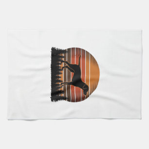 Vintage Hunting Dog Sunset Forest Vector Design_1 Tea Towel