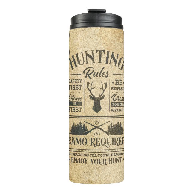Vintage Hunting Rules Sign with Camouflage  Thermal Tumbler (Front)