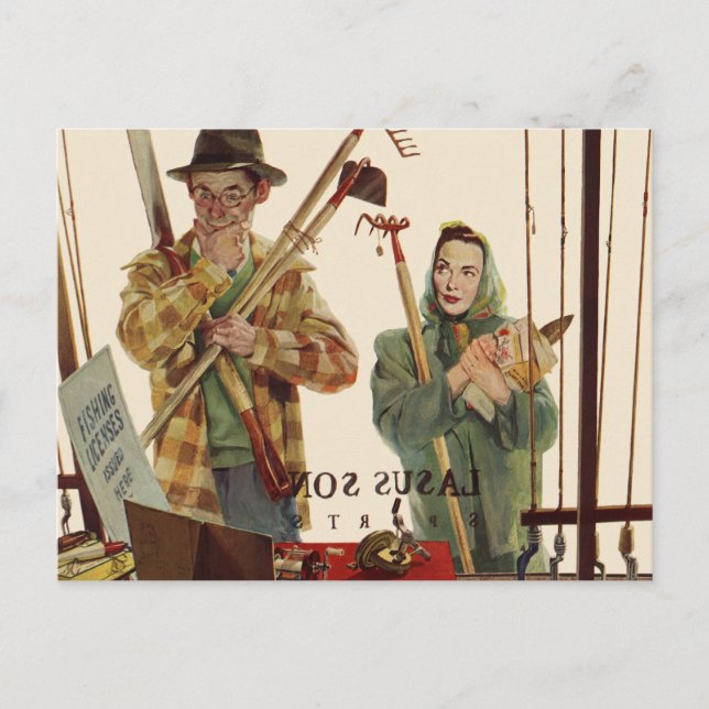 Vintage Husband and Wife with Gardening Tools Postcard (Front)