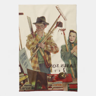Vintage Husband and Wife with Gardening Tools Tea Towel