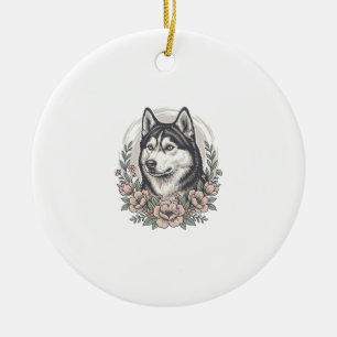 Vintage Husky Floral Portrait Shirt Design_1 Ceramic Tree Decoration