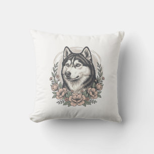 Vintage Husky Floral Portrait Shirt Design_1 Cushion