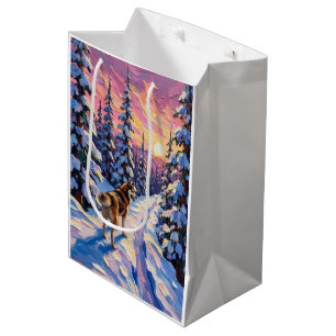 Vintage Husky on Snowy Christmas Forest Trail Medium Gift Bag