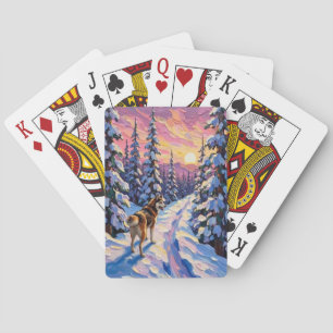 Vintage Husky on Snowy Christmas Forest Trail Playing Cards