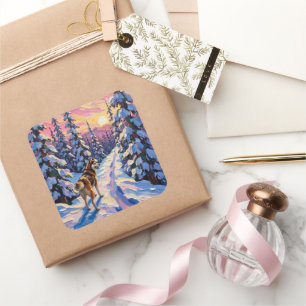 Vintage Husky on Snowy Christmas Forest Trail Square Sticker