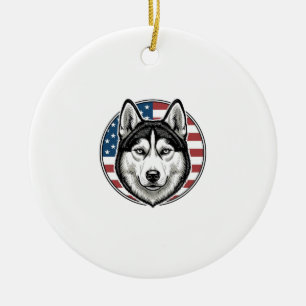 Vintage Husky Patriotic Dog Vector Shirt Design_1 Ceramic Tree Decoration