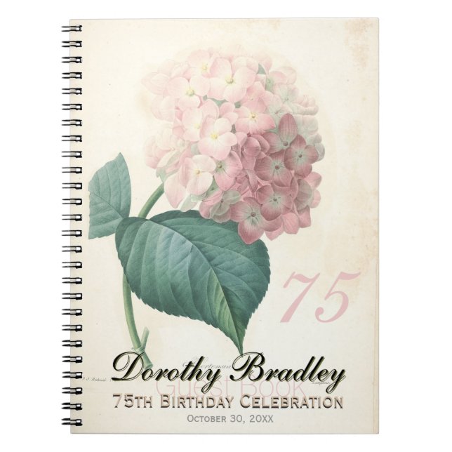 Vintage Hydrangea 75th Birthday Party Guest Book N (Front)