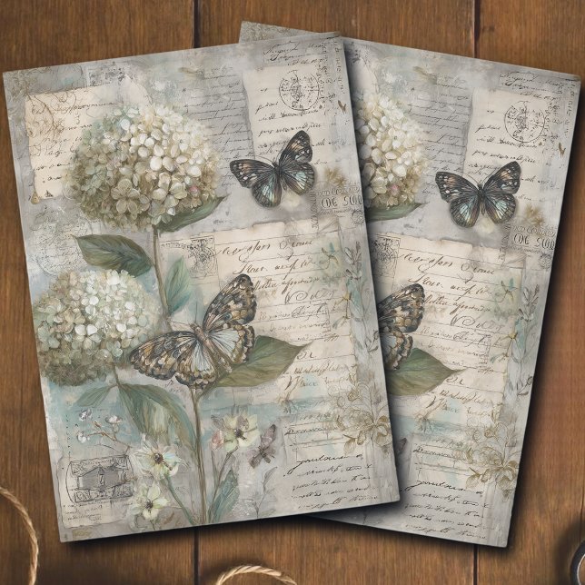 Vintage Hydrangea & Butterfly Ephemera Decoupage Tissue Paper (Creator Uploaded)