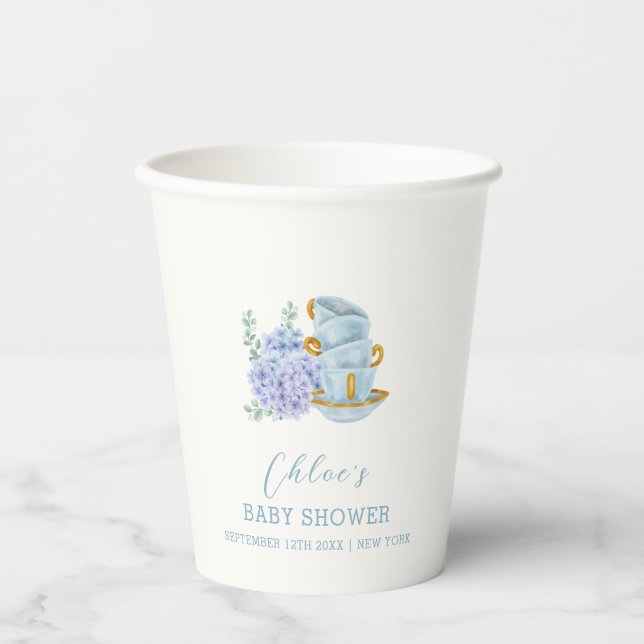 Vintage Hydrangea Tea Brewing Baby Shower  Paper Cups (Front)