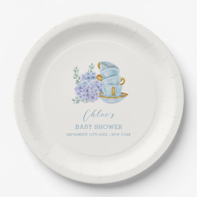 Vintage Hydrangea Tea Brewing Baby Shower  Paper Plate (Front)