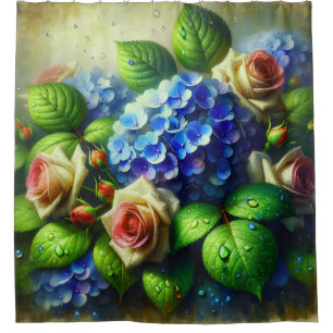 “Vintage Hydrangeas and Roses in Rain" Shower Curtain