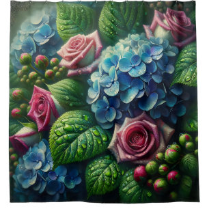 “Vintage Hydrangeas and Roses with Raindrops" Shower Curtain