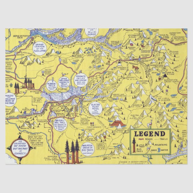 Vintage Hysterical Map Yosemite Travel Tissue Paper (Front)